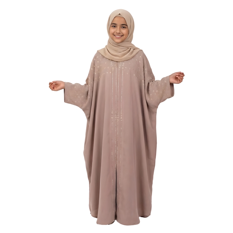 Dotted Flower Stone Butterfly Open Abaya