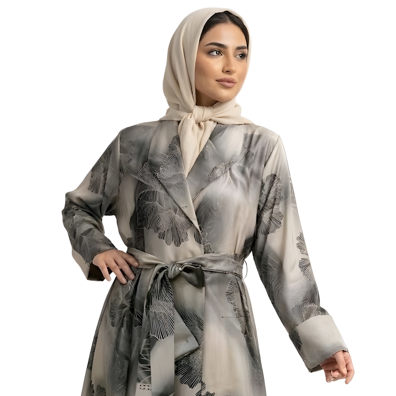 Printed Collar Open Abaya - Image 3