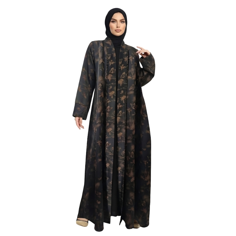 Butterfly Printed Stone Open Abaya