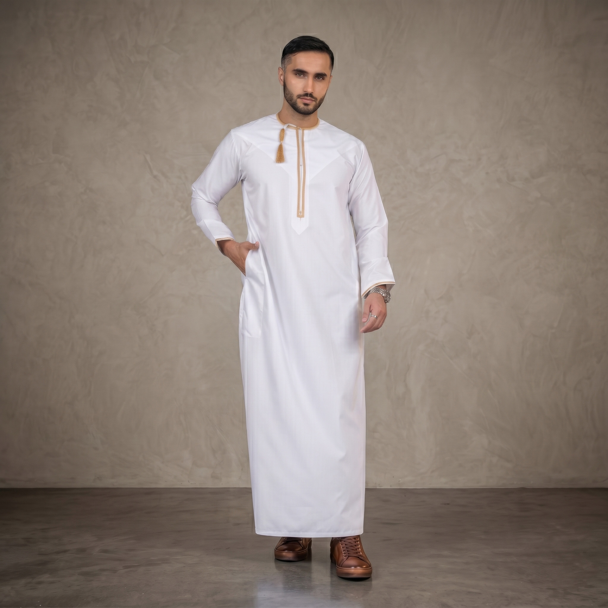 White With Gold Lace Omani Thobe - Image 2