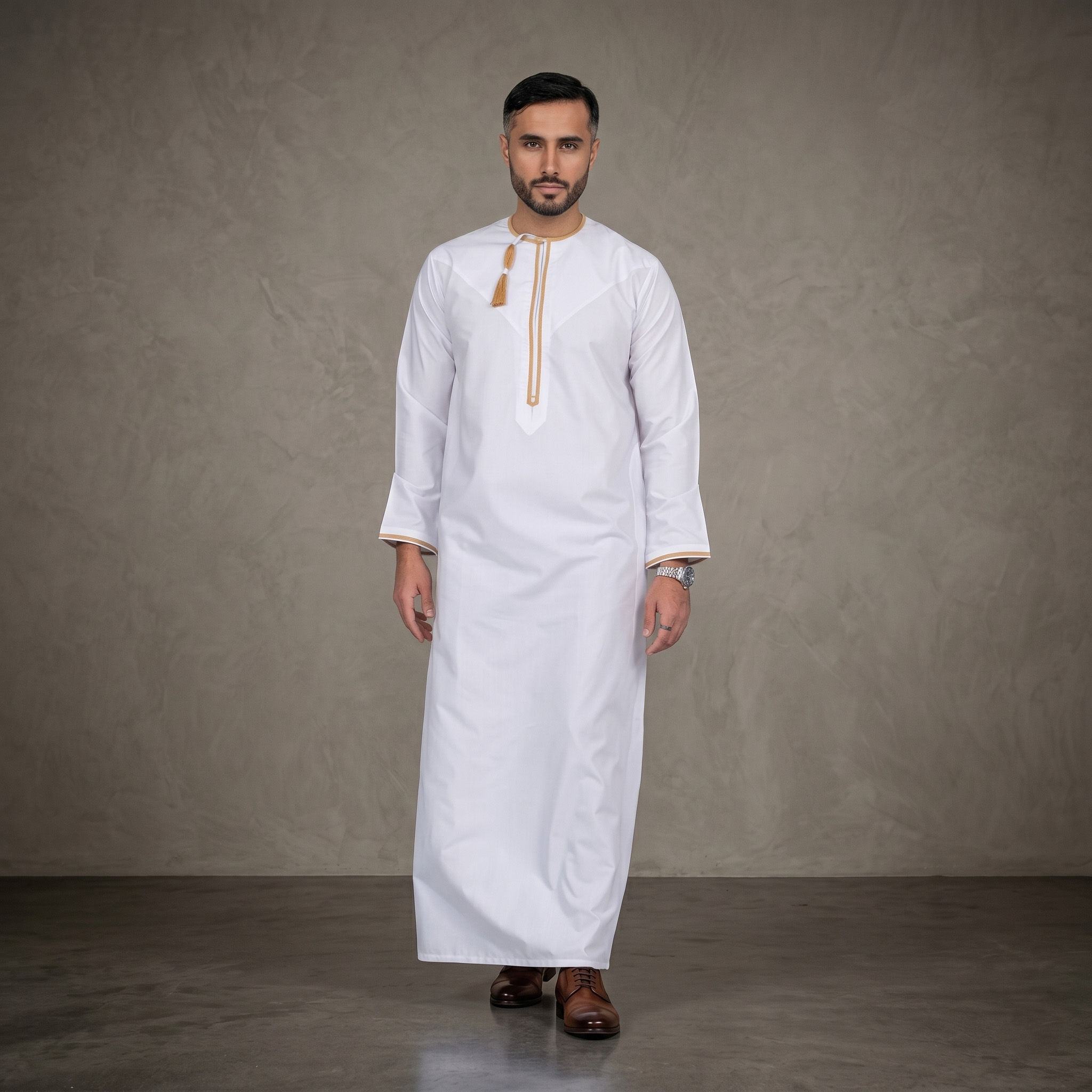 White With Gold Lace Omani Thobe